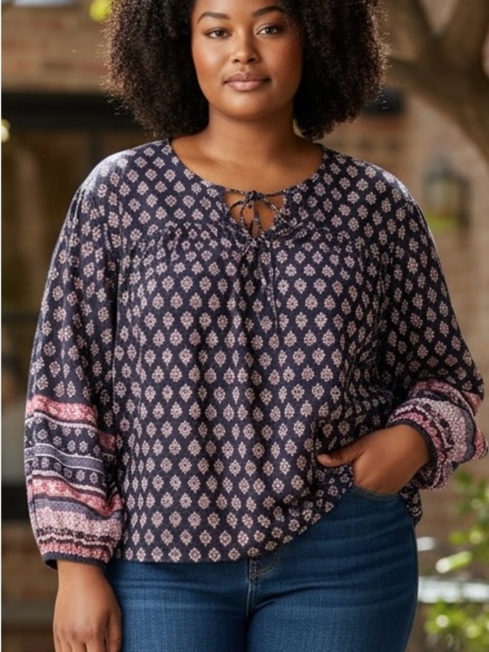 Old Navy Black and Brown Patterned Blouse